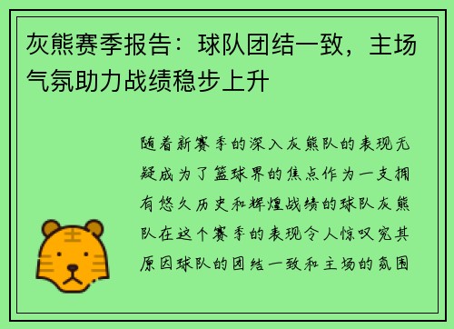 灰熊赛季报告：球队团结一致，主场气氛助力战绩稳步上升